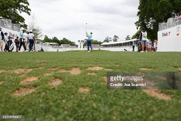 Taylor Moore of the United States hits a tee shot on the 15th hole during the third round of the Texas Children's Houston Open at Memorial Park Golf...
