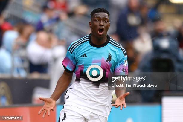 Bongokuhle Hlongwane of Minnesota United reacts after a goal is disallowed during the second half against Philadelphia Union at Subaru Park on March...