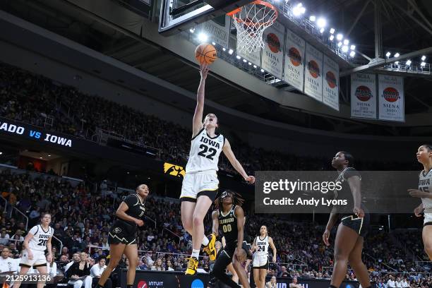 Caitlin Clark of the Iowa Hawkeyes shoots against the Colorado Buffaloes during the second half in the Sweet 16 round of the NCAA Women's Basketball...