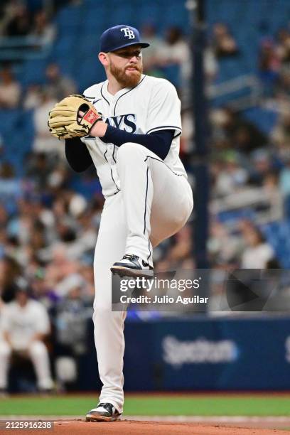 Zack Littell of the Tampa Bay Rays delivers a pitch to the Toronto Blue Jays in the first inning at Tropicana Field on March 30, 2024 in St...