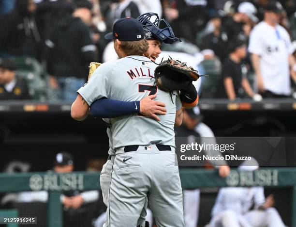 Carson Kelly of the Detroit Tigers hugs Shelby Miller of the Detroit Tigers after the final out against the Chicago White Sox at Guaranteed Rate...