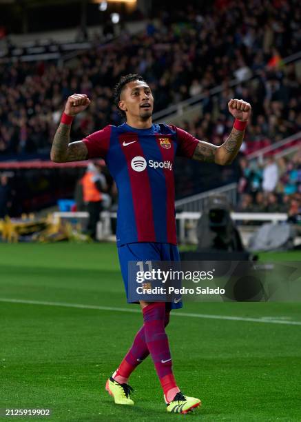 Raphinha of FC Barcelona celebrates after scoring his team's first goal during the LaLiga EA Sports match between FC Barcelona and UD Las Palmas at...