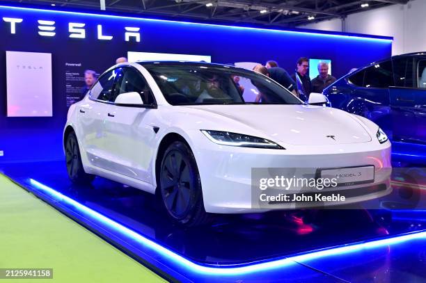 Tesla Model 3 fully electric EV car is displayed during the Everything Electric London 2024 at ExCel on March 28, 2024 in London, England. The show,...