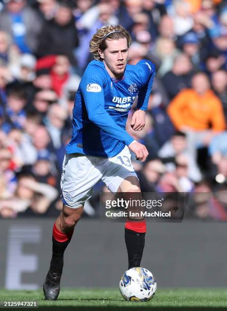Todd Cantwell of Rangers is seen during the Cinch Scottish Premiership match between Rangers FC and Hibernian FC at Ibrox Stadium on March 30, 2024...