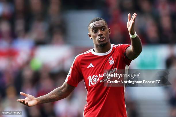 Callum Hudson-Odoi of Nottingham Forest reacts during the Premier League match between Nottingham Forest and Crystal Palace at City Ground on March...