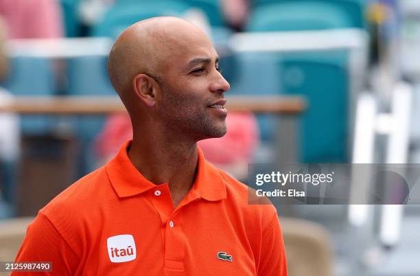 Tournament director James Blake addresses the fans after the Men's Doubles Final at Hard Rock Stadium on March 30, 2024 in Miami Gardens, Florida.