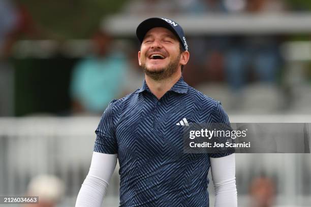 Alejandro Tosti of Argentina reacts after a putt on the 18th green during the third round of the Texas Children's Houston Open at Memorial Park Golf...