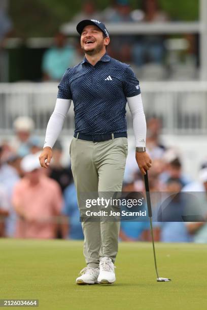 Alejandro Tosti of Argentina reacts after a putt on the 18th green during the third round of the Texas Children's Houston Open at Memorial Park Golf...