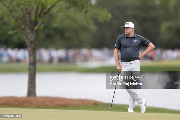 David Skinns of England waits on the 17th green during the third round of the Texas Children's Houston Open at Memorial Park Golf Course on March 30,...