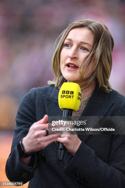 Television pundit Ellen White during the FA Women's Continental Tyres League Cup Final match between Arsenal and Chelsea at Molineux on March 31,...