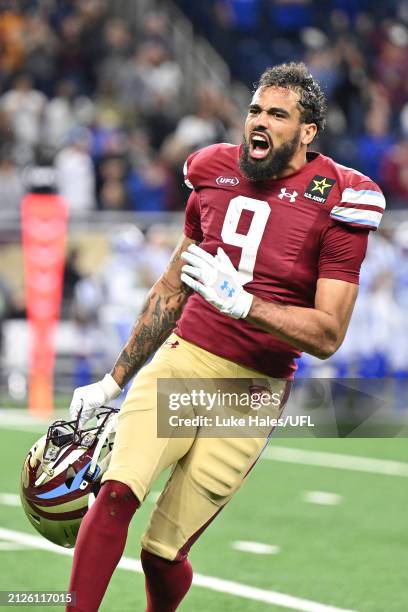 Marcus Simms of the Michigan Panthers celebrates after defeating the St. Louis Battlehawks 18-16 at Ford Field on March 30, 2024 in Detroit, Michigan.