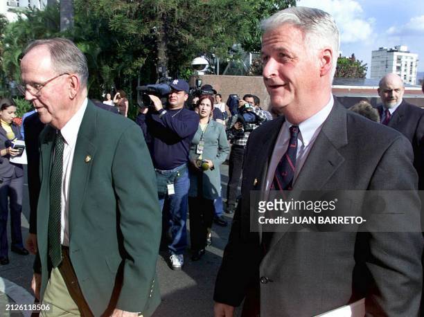 Congressmen Rep. William Delahunt , D-MA, and Rep. Cass Ballenger , R-NC, arrives at the presidential palace Miraflores in Caracas, 26 April 2002. A...
