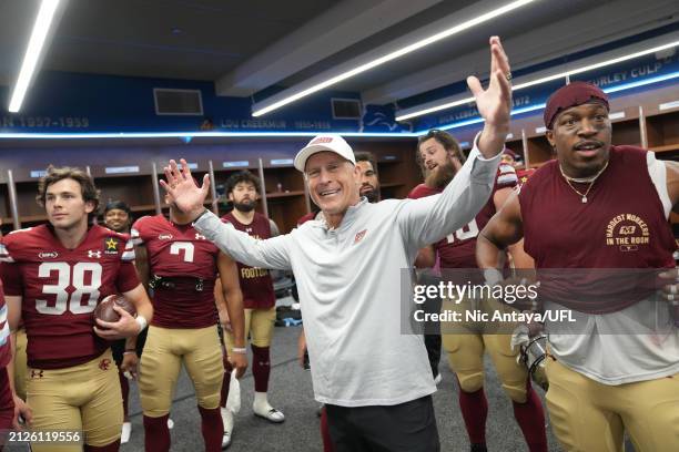 Head coach Mike Nolan of the Michigan Panthers talks to his team in the locker room after defeating the St. Louis Battlehawks 18-16 at Ford Field on...