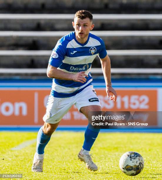 Morton's Calum Waters in action during a cinch Championship match between Greenock Morton and Queens Park at Cappielow Park, on March 30 in Greenock,...