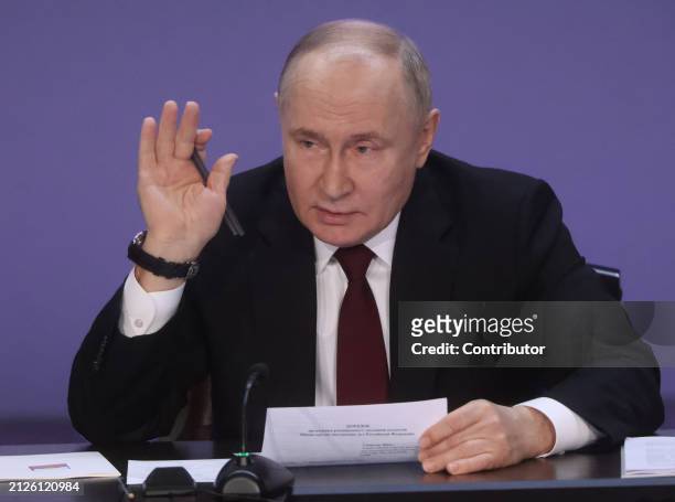 Russian President Vladimir Putin gestures during the Expanded Board of the Interior Ministry on April 2, 2024 in Moscow, Russia. President Putin...