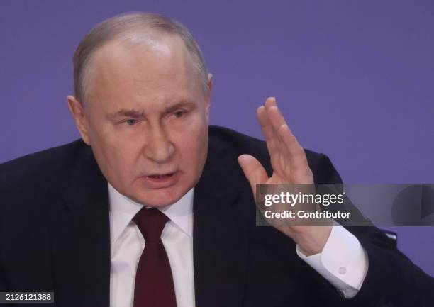 Russian President Vladimir Putin gestures during the Expanded Board of the Interior Ministry on April 2, 2024 in Moscow, Russia. President Putin...