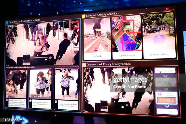 Display is showing the image processing of a Quantum AI security camera at the SK Telecom pavilion during the Mobile World Congress in Barcelona,...