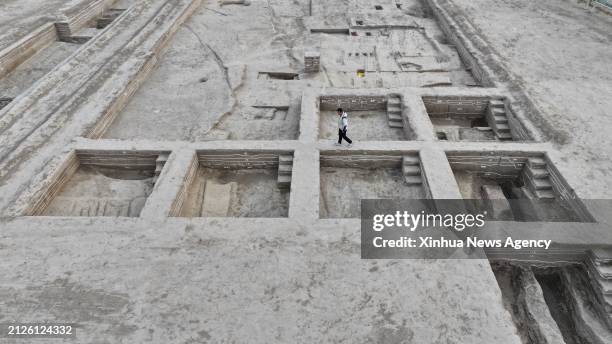 An aerial drone photo taken on March 26, 2024 shows the site of the Nanyang ruins in Xiong'an New Area, north China's Hebei Province. TO GO WITH...