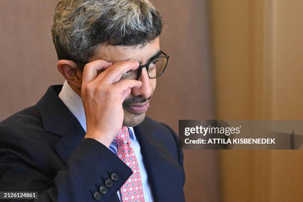 United Arab Emirates Foreign Minister Abdullah bin Zayed Al Nahyan attends a meeting with the Hungarian Foreign and Trade Minister in Budapest on...