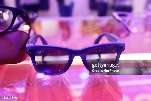 Ray-Ban Meta smart glasses, which are equipped with cameras and speakers, are being exhibited at Qualcomm's pavilion at the Mobile World Congress in...