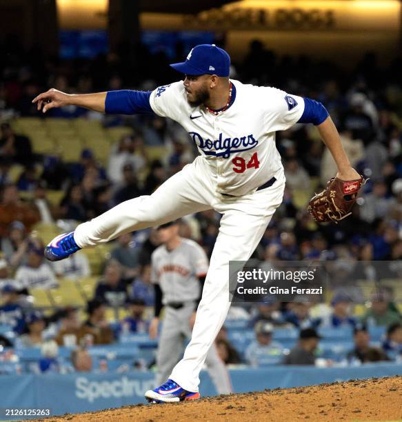 Los Angeles Dodger relief pitcher Dinelson Lamet gets the save in the Dodgers 8-3 win over the San Francisco Giants at Dodger Stadium on April 1,...