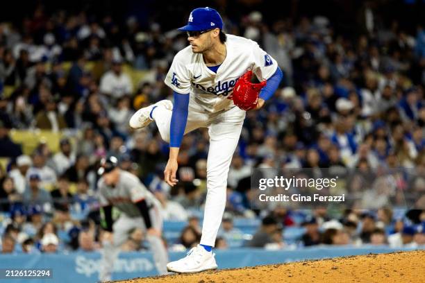 Los Angeles Dodgers relief pitcher Joe Kelly pitches in the seventh inning against the San Francisco Giants at Dodger Stadium on April 1, 2024 in Los...