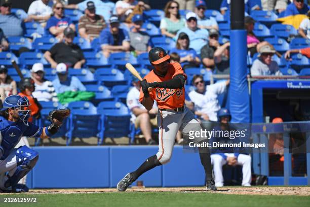 Errol Robinson of the Baltimore Orioles bats during the eighth inning of a spring training game against the Toronto Blue Jays at TD Ballpark on March...