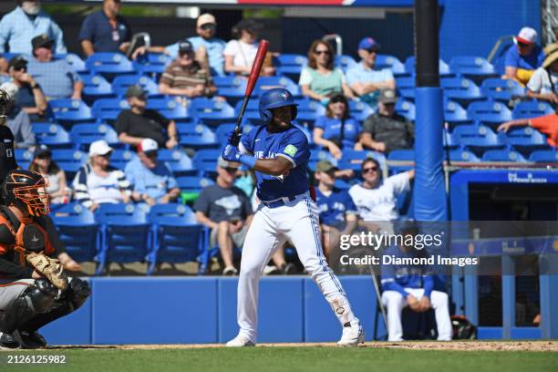 Miguel Hiraldo of the Toronto Blue Jays bats during the eighth inning of a spring training game against the Baltimore Orioles at TD Ballpark on March...