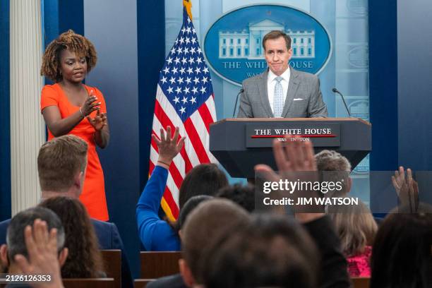 White House Press Secretary Karine Jean-Pierre and US National Security Council spokesman John Kirby take questions during the daily press briefing...