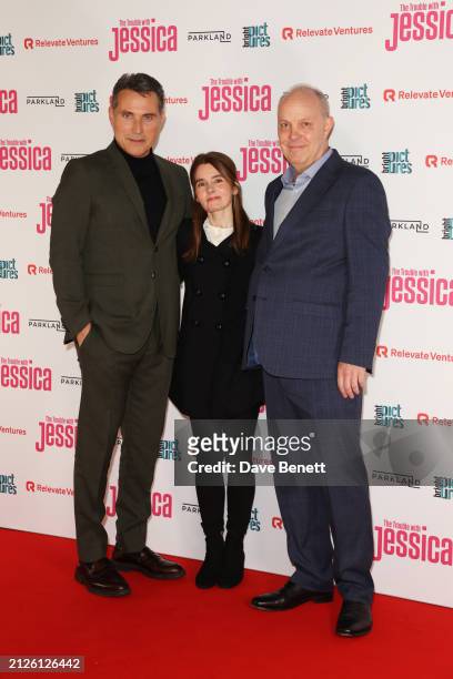 Rufus Sewell, Shirley Henderson and David Schaal attend the London Premiere of "The Trouble With Jessica" at the Vue West End on April 2, 2024 in...