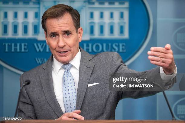 National Security Council spokesman John Kirby speaks during the daily press briefing in the Brady Briefing Room of the White House in Washington,...