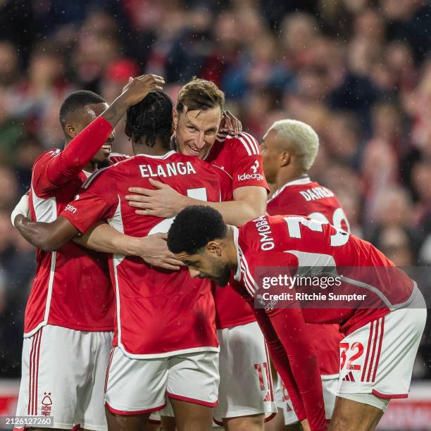 Chris Wood of Nottingham Forest celebrates after doubling his sides lead during the Premier League match between Nottingham Forest and Fulham FC at...