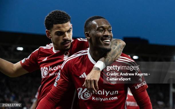 Nottingham Forest's Callum Hudson-Odoi celebrates scoring his side's first goal with team mate Morgan Gibbs-White competing with Fulham's during the...