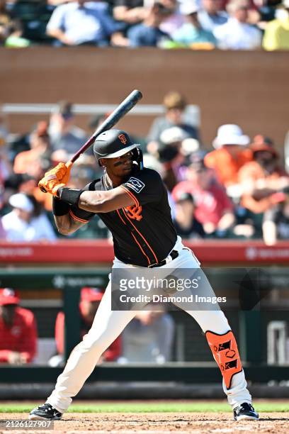 Jorge Soler of the San Francisco Giants bats during the third inning of a spring training game against the Cincinnati Reds at Scottsdale Stadium on...
