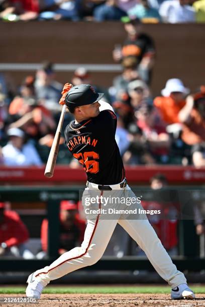 Matt Chapman of the San Francisco Giants bats during the third inning of a spring training game against the Cincinnati Reds at Scottsdale Stadium on...