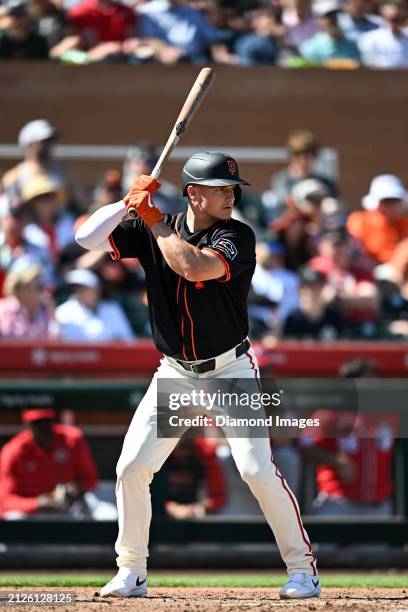 Matt Chapman of the San Francisco Giants bats during the third inning of a spring training game against the Cincinnati Reds at Scottsdale Stadium on...