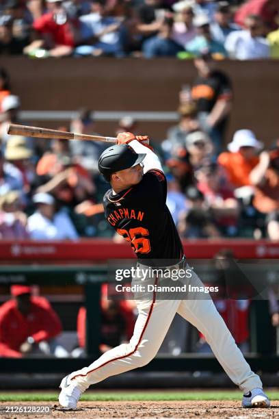 Matt Chapman of the San Francisco Giants bats during the third inning of a spring training game against the Cincinnati Reds at Scottsdale Stadium on...