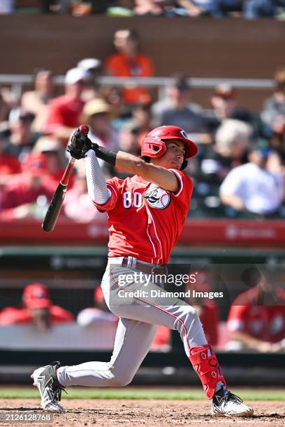 Edwin Arroyo of the Cincinnati Reds bats during the fourth inning of a spring training game against the San Francisco Giants at Scottsdale Stadium on...