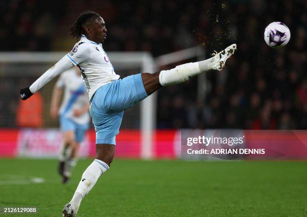 Crystal Palace's English midfielder Eberechi Eze controls the ball during the English Premier League football match between Bournemouth and Crystal...