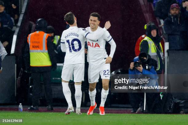 James Maddison and Brennan Johnson of Tottenham Hotspur celebrates goal during the Premier League match between West Ham United and Tottenham Hotspur...