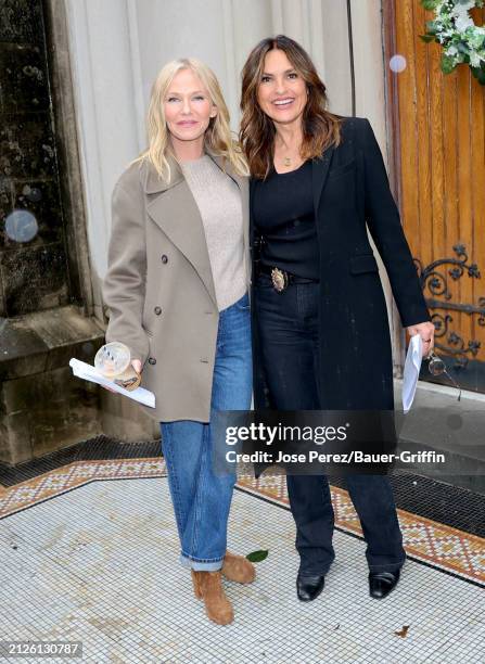 Kelli Giddish and Mariska Hargitay are seen on the set of "Law & Order: Special Victims Unit" in Chelsea, Manhattan on April 02, 2024 in New York...