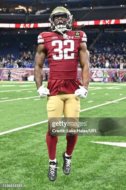 Kedrick Whitehead Jr. #32 of the Michigan Panthers celebrates after taking the lead during the fourth quarter against the St. Louis Battlehawks at...