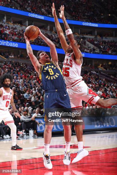 McConnell of the Indiana Pacers shoots the ball during the game against the Chicago Bulls on March 27, 2024 at United Center in Chicago, Illinois....