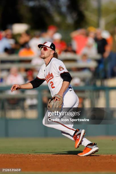 Baltimore Orioles shortstop Gunnar Henderson fields his position during an MLB spring training game against the Philadelphia Phillies on March 20,...