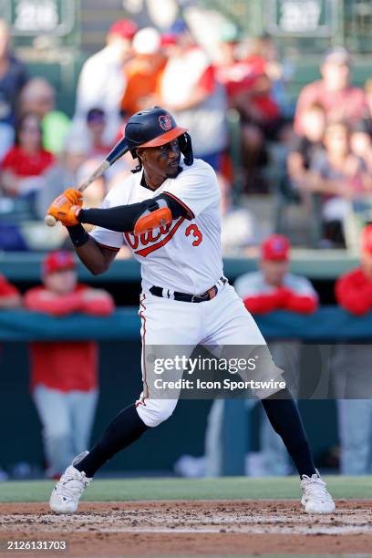 Baltimore Orioles second baseman Jorge Mateo bats during an MLB spring training game against the Philadelphia Phillies on March 20, 2024 at Ed Smith...