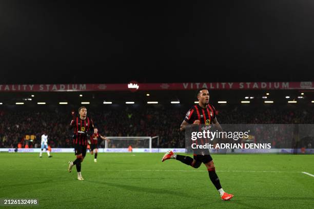 Bournemouth's Dutch striker Justin Kluivert celebrates scoring the opening goal during the English Premier League football match between Bournemouth...