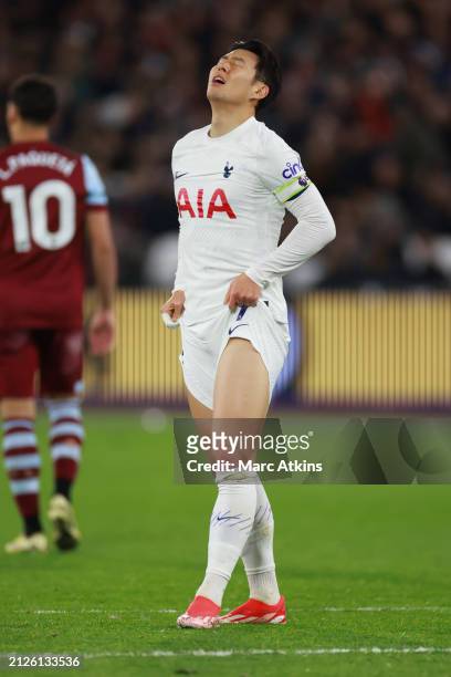 Son Heung-min of Tottenham Hotspur looks dejected during the Premier League match between West Ham United and Tottenham Hotspur at London Stadium on...