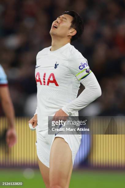Son Heung-min of Tottenham Hotspur looks dejected during the Premier League match between West Ham United and Tottenham Hotspur at London Stadium on...