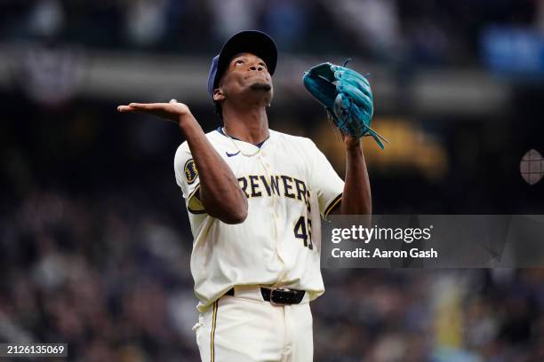 Abner Uribe of the Milwaukee Brewers celebrates after the Brewers defeated the Minnesota Twins at American Family Field on Tuesday, April 2, 2024 in...