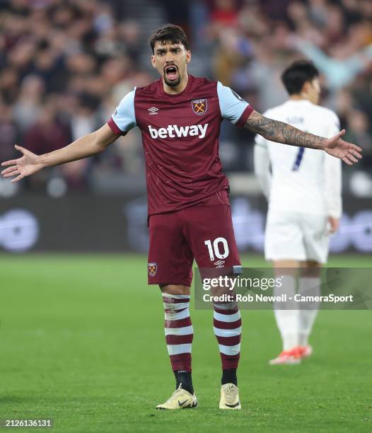 Frustration for West Ham United's Lucas Paqueta during the Premier League match between West Ham United and Tottenham Hotspur at London Stadium on...